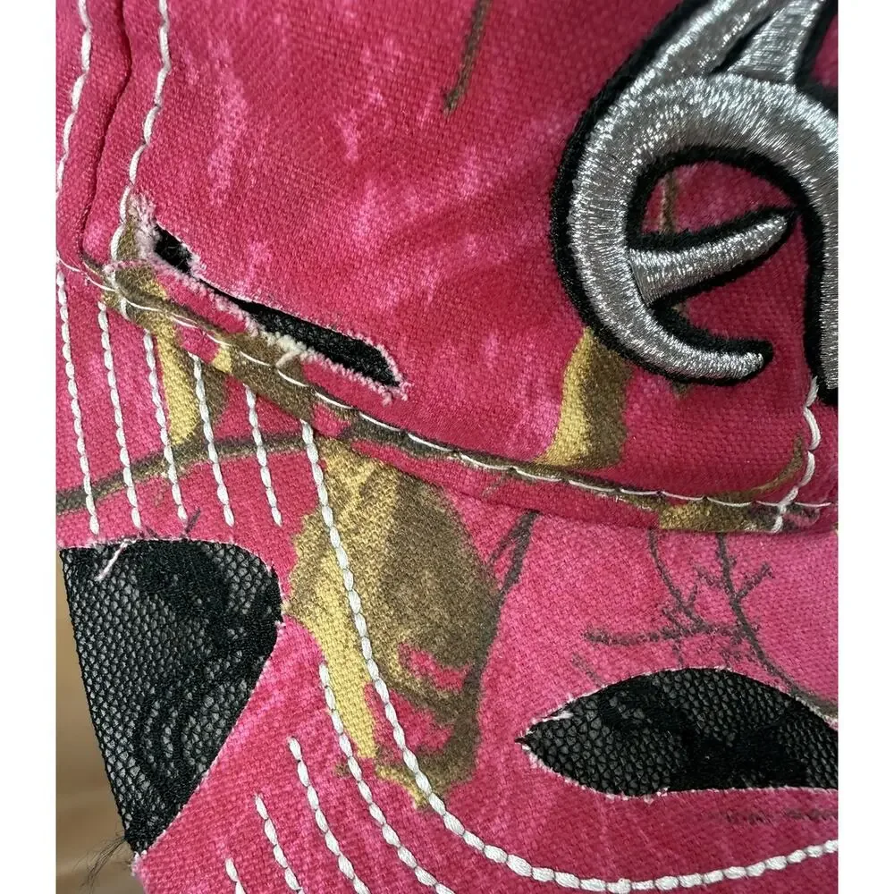 Realtree Hat Cap Pink Camo Distressed Cutouts Black Lace Silver Embroidered Logo